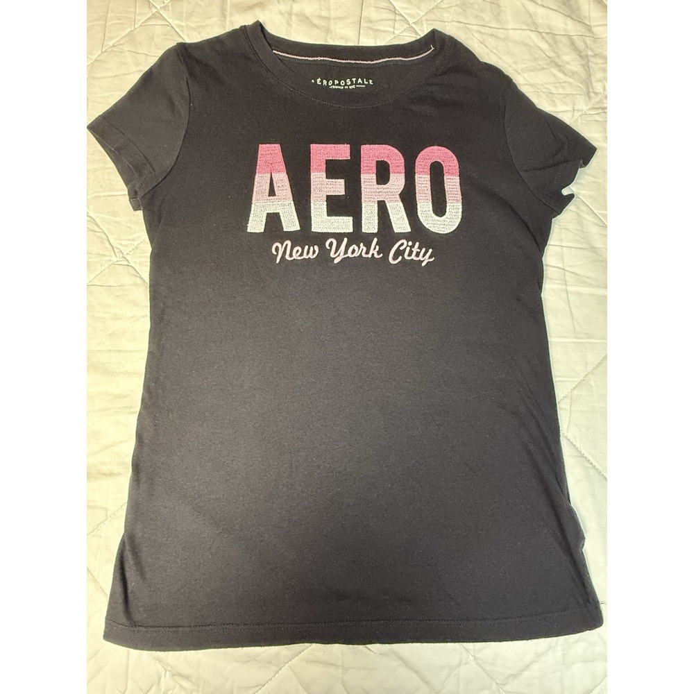 Aeropostale T-Shirt Womens M Black‎ Pink Gradient Logo New York City Graphic Tee